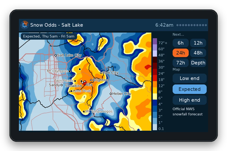 Snow odds page: a map from Salt Lake City to Heber shaded by expected snowfall, heaviest over the Cottonwoods, with buttons for 6 to 72 hours and low, expected and high end